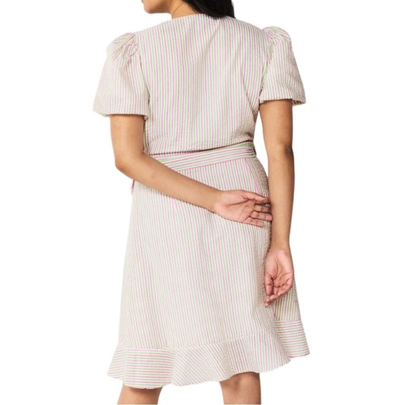 NEW Draper James RSVP Puff Sleeve Pinstripe V-Neck Bow Wrap Dress Size Small - Picture 2 of 8